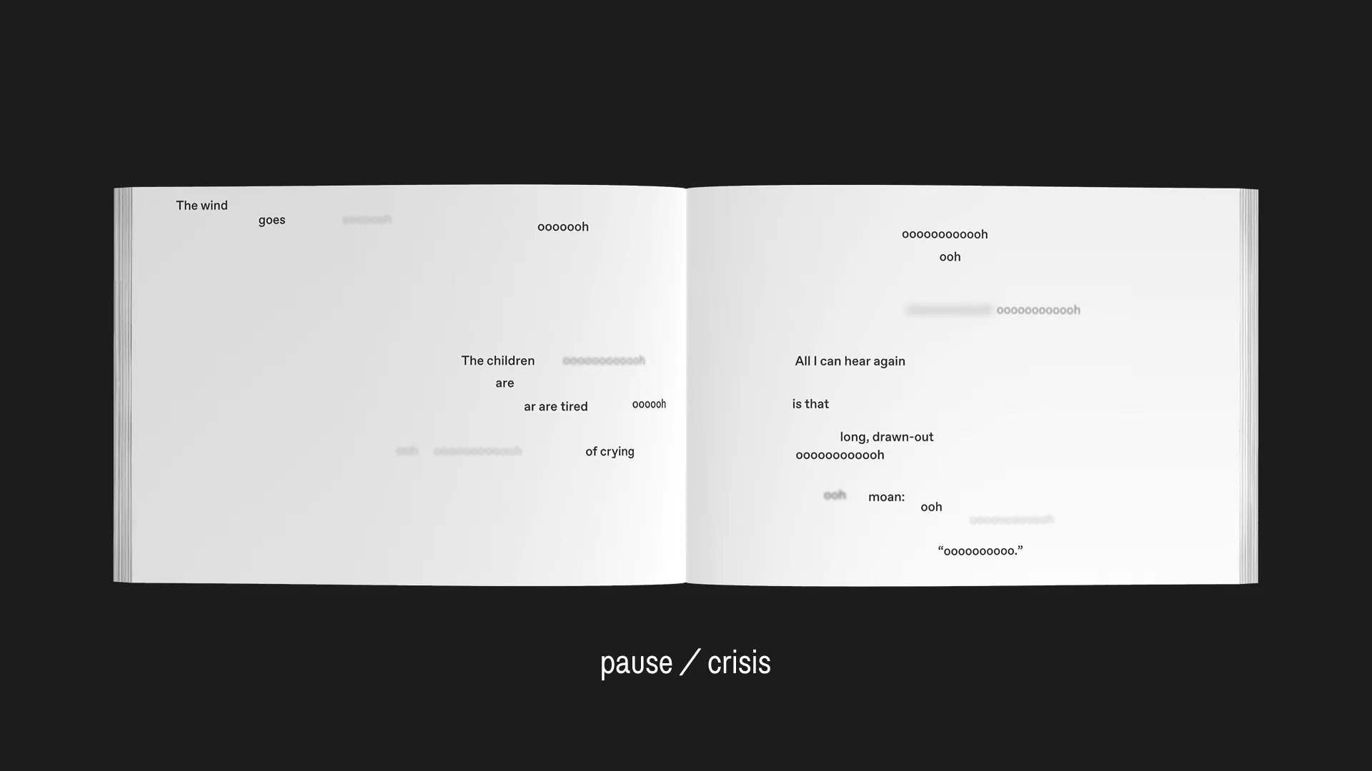 pause / crisis. On the spread: “The wind goes ooooooh… All I can hear again is that long, drawn-out moan: ooh…”