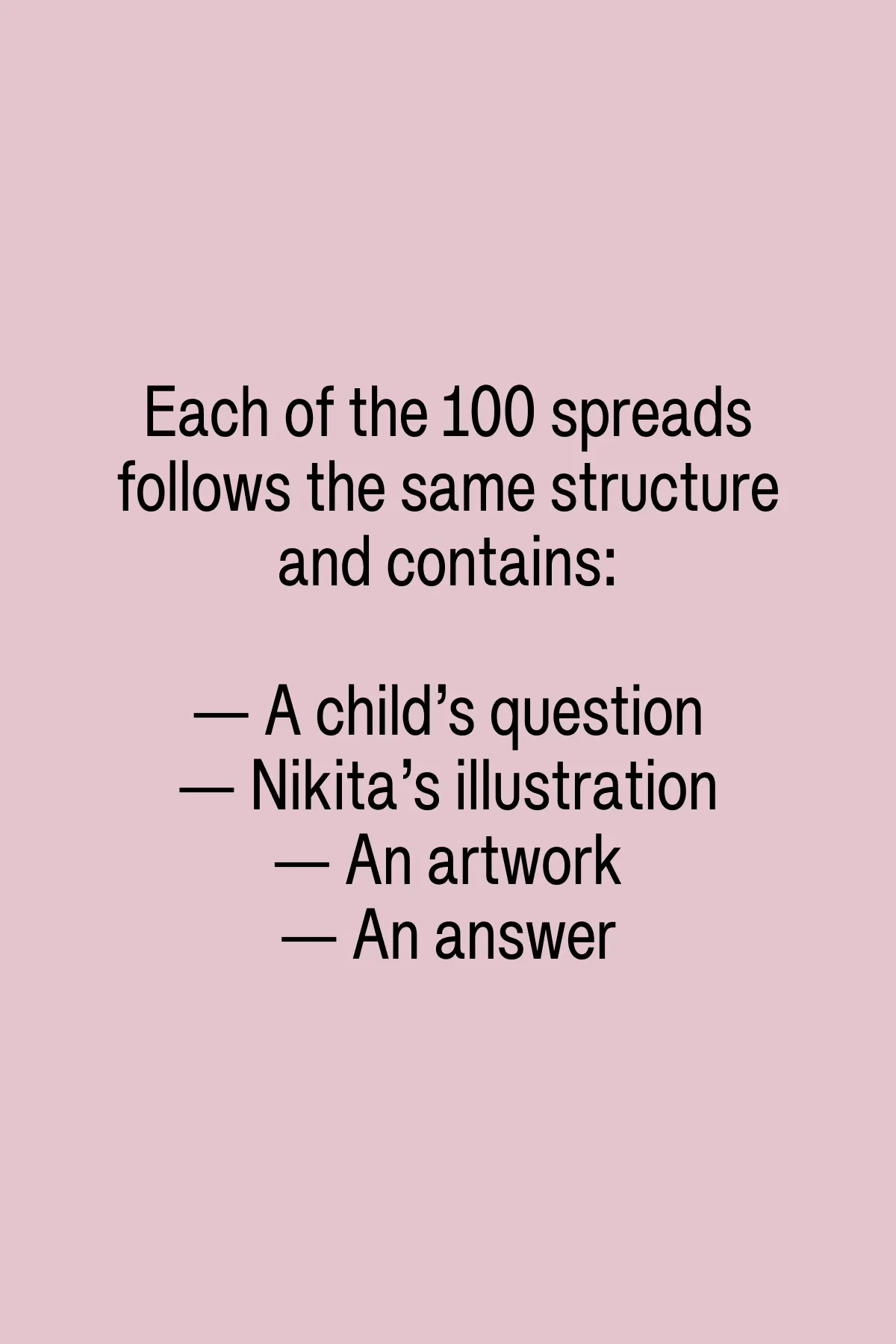 Each of the 100 spreads follows the same structure and contains: — A child’s question / — Nikita’s illustration / — An artwork / — An answer