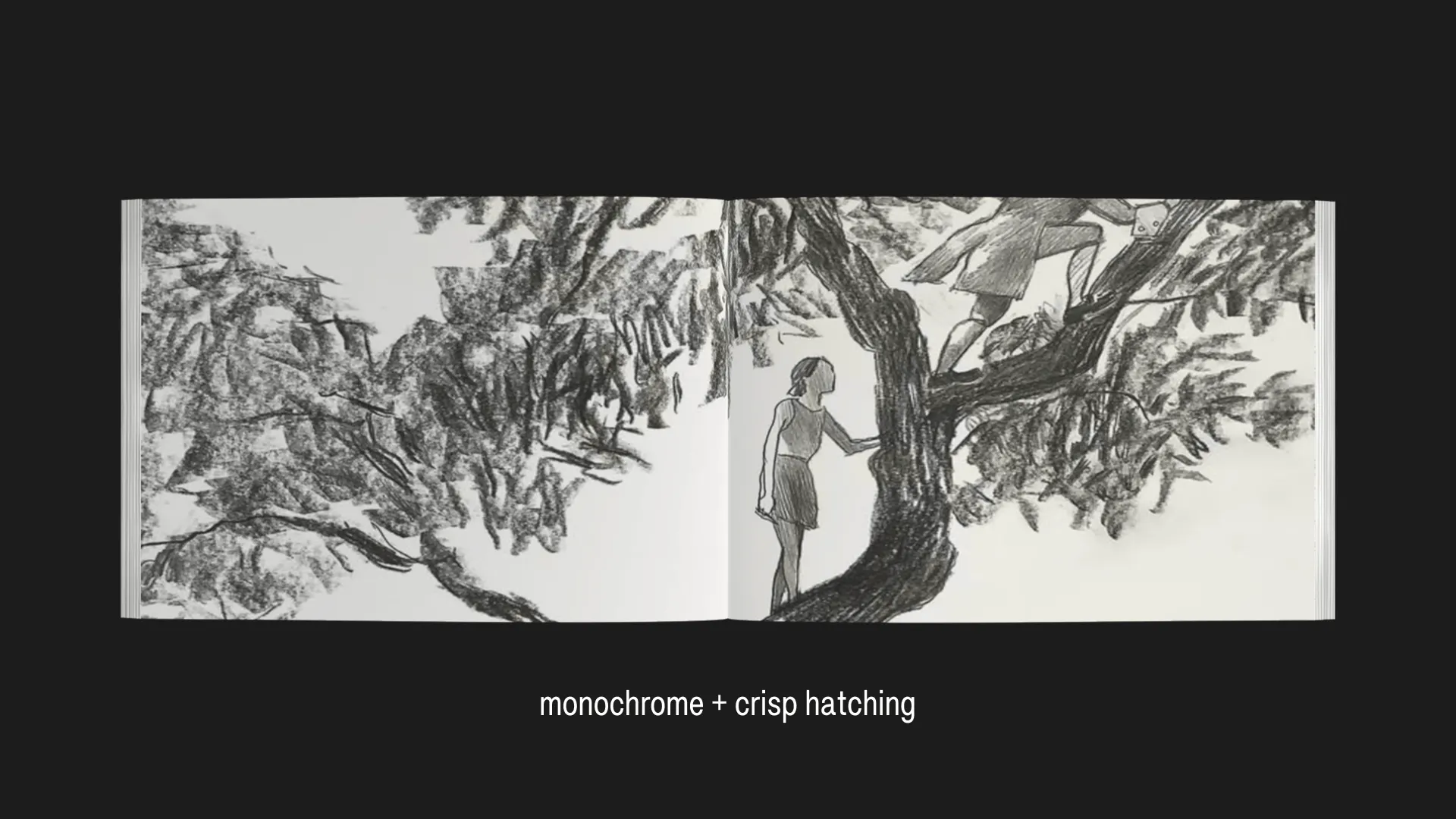 monochrome + crisp hatching