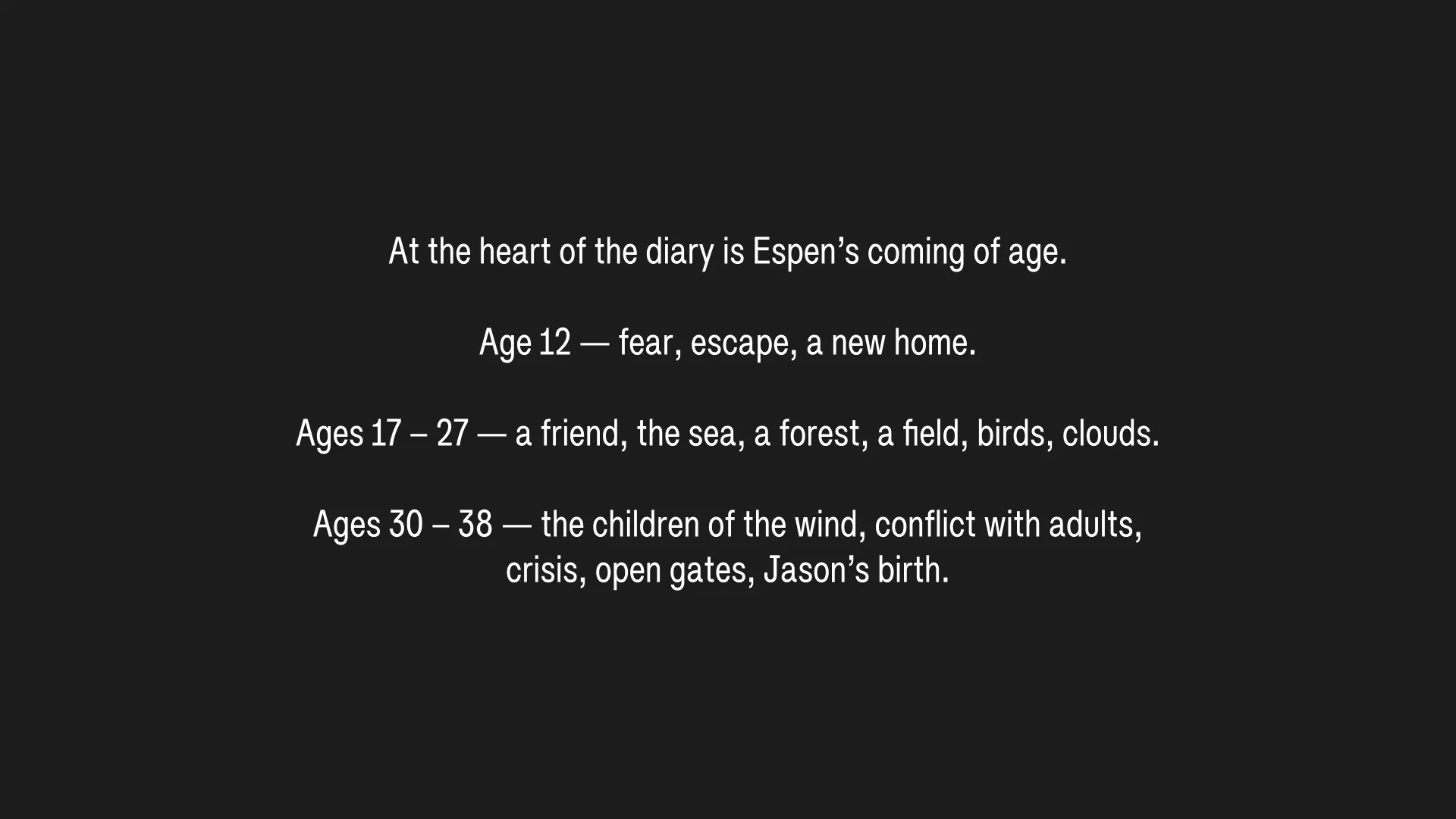 At the heart of the diary is Espen’s coming of age. Age 12 — fear, escape, a new home. Ages 17–29 — a friend, the sea, a forest, a field, birds, clouds. Ages 30–38 — the children of the wind, conflict with adults, crisis, open gates, Jason’s birth.