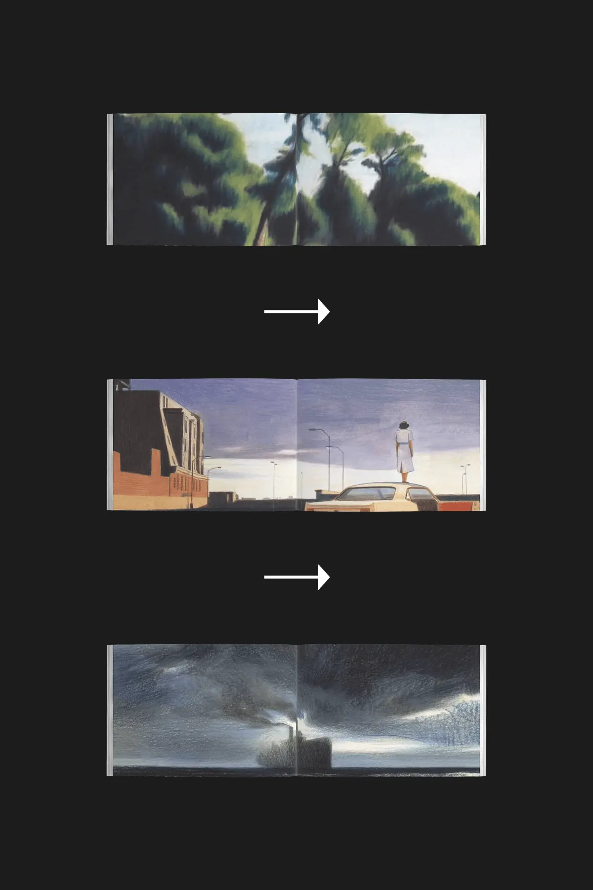 pause / crisis. On the spread: “The wind goes ooooooh… All I can hear again is that long, drawn-out moan: ooh…”
