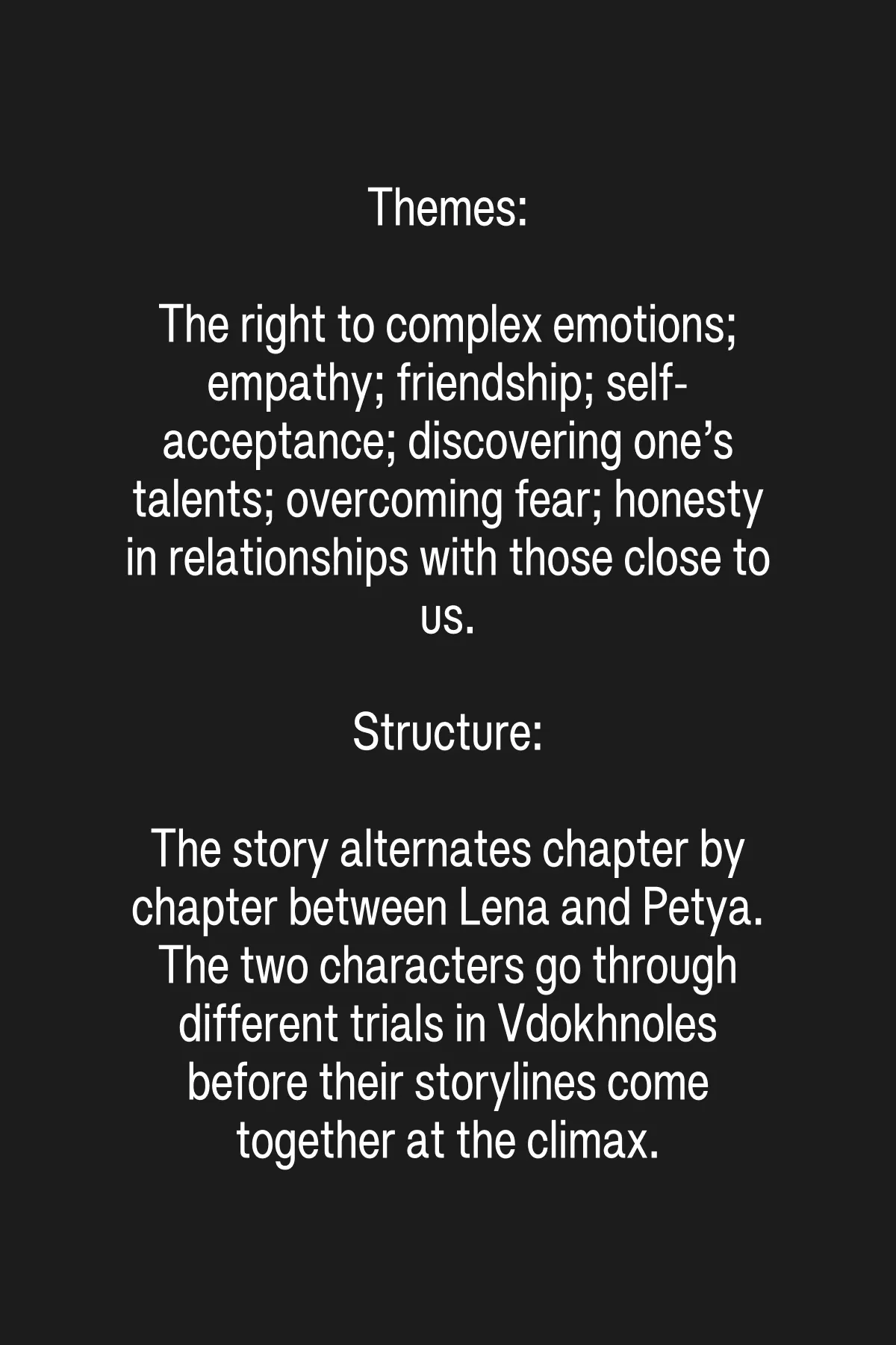 Short synopsis (1/4): Nine-year-old Lena and seven-year-old Petya are friends at the dacha. Lena is strong and has learned to swim using her grandfather’s “method” so she can go to the seaside. Her parents have been promising her this trip for three years, but they keep breaking their promise. Lena is angry with them and spends her time at the dacha. Petya is new to the dacha community: thin, shy, with a stutter, and dreaming of being like everyone else. When Petya comes to the local pond for the first time, the local bullies push him into the water. Lena saves him. From that day on, the children become friends, and Lena teaches Petya how to swim.